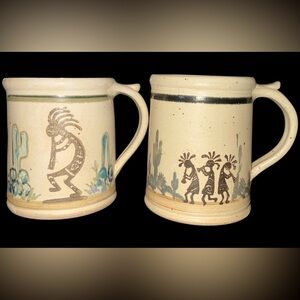Pair of Dakota Stoneware Kokopelli and Cacti Design Mugs